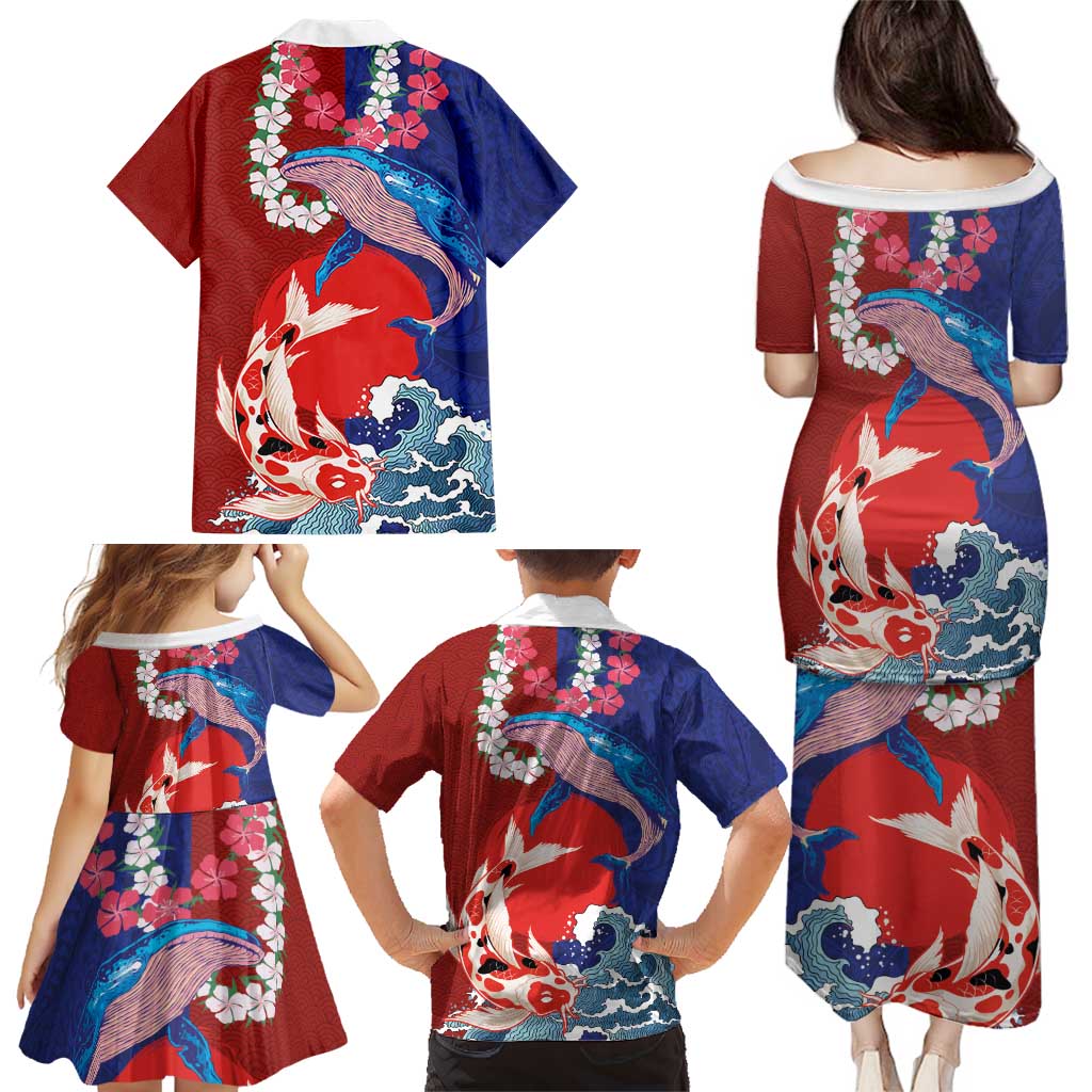 Hawaiian and Japanese Together Family Matching Puletasi and Hawaiian Shirt The Whale and Koi Fish with Hinomaru and Lei LT03 - Polynesian Pride
