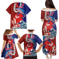 Hawaiian and Japanese Together Family Matching Puletasi and Hawaiian Shirt The Whale and Koi Fish with Hinomaru and Lei LT03 - Polynesian Pride