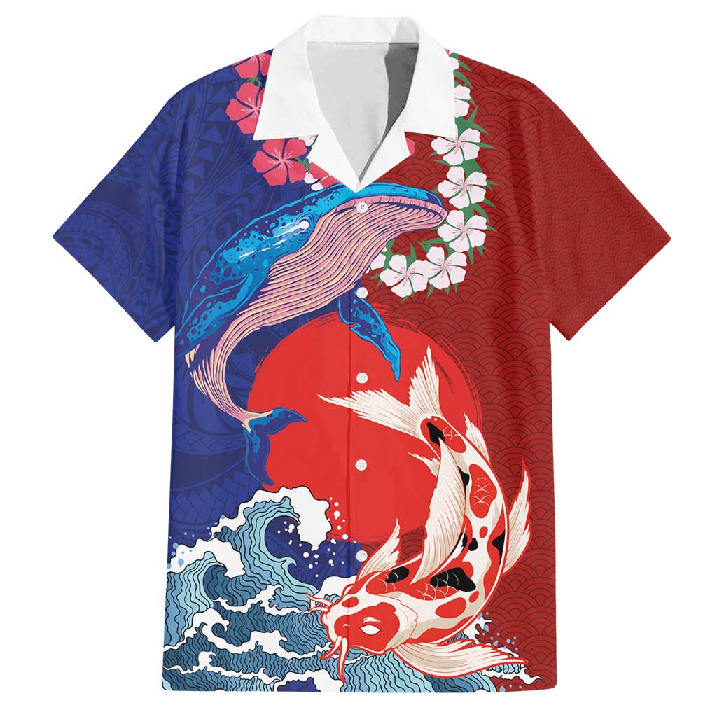 Hawaiian and Japanese Together Family Matching Puletasi and Hawaiian Shirt The Whale and Koi Fish with Hinomaru and Lei LT03 Dad's Shirt - Short Sleeve Blue - Polynesian Pride