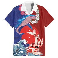 Hawaiian and Japanese Together Family Matching Puletasi and Hawaiian Shirt The Whale and Koi Fish with Hinomaru and Lei LT03 Dad's Shirt - Short Sleeve Blue - Polynesian Pride