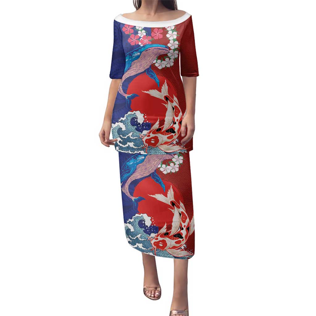 Hawaiian and Japanese Together Family Matching Puletasi and Hawaiian Shirt The Whale and Koi Fish with Hinomaru and Lei LT03 Mom's Dress Blue - Polynesian Pride