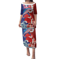 Hawaiian and Japanese Together Family Matching Puletasi and Hawaiian Shirt The Whale and Koi Fish with Hinomaru and Lei LT03 Mom's Dress Blue - Polynesian Pride