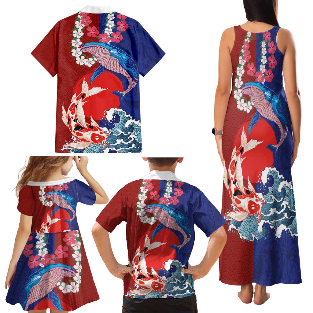 Hawaiian and Japanese Together Family Matching Tank Maxi Dress and Hawaiian Shirt The Whale and Koi Fish with Hinomaru and Lei
