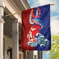 Hawaiian and Japanese Together Garden Flag The Whale and Koi Fish with Hinomaru and Lei LT03 House Flag Blue - Polynesian Pride