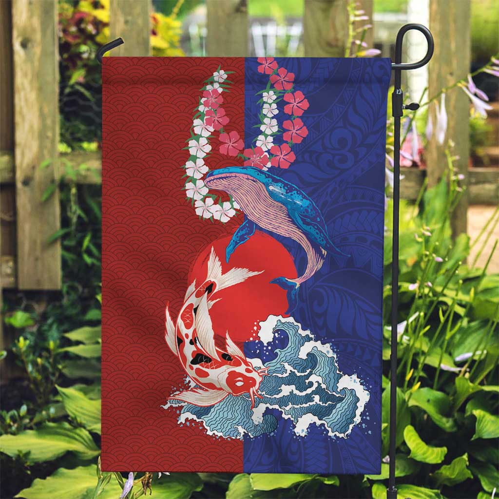 Hawaiian and Japanese Together Garden Flag The Whale and Koi Fish with Hinomaru and Lei LT03 Garden Flag Blue - Polynesian Pride