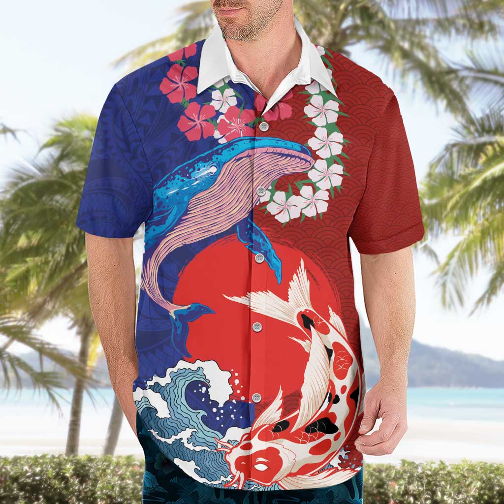 Hawaiian and Japanese Together Hawaiian Shirt The Whale and Koi Fish with Hinomaru and Lei LT03 - Polynesian Pride
