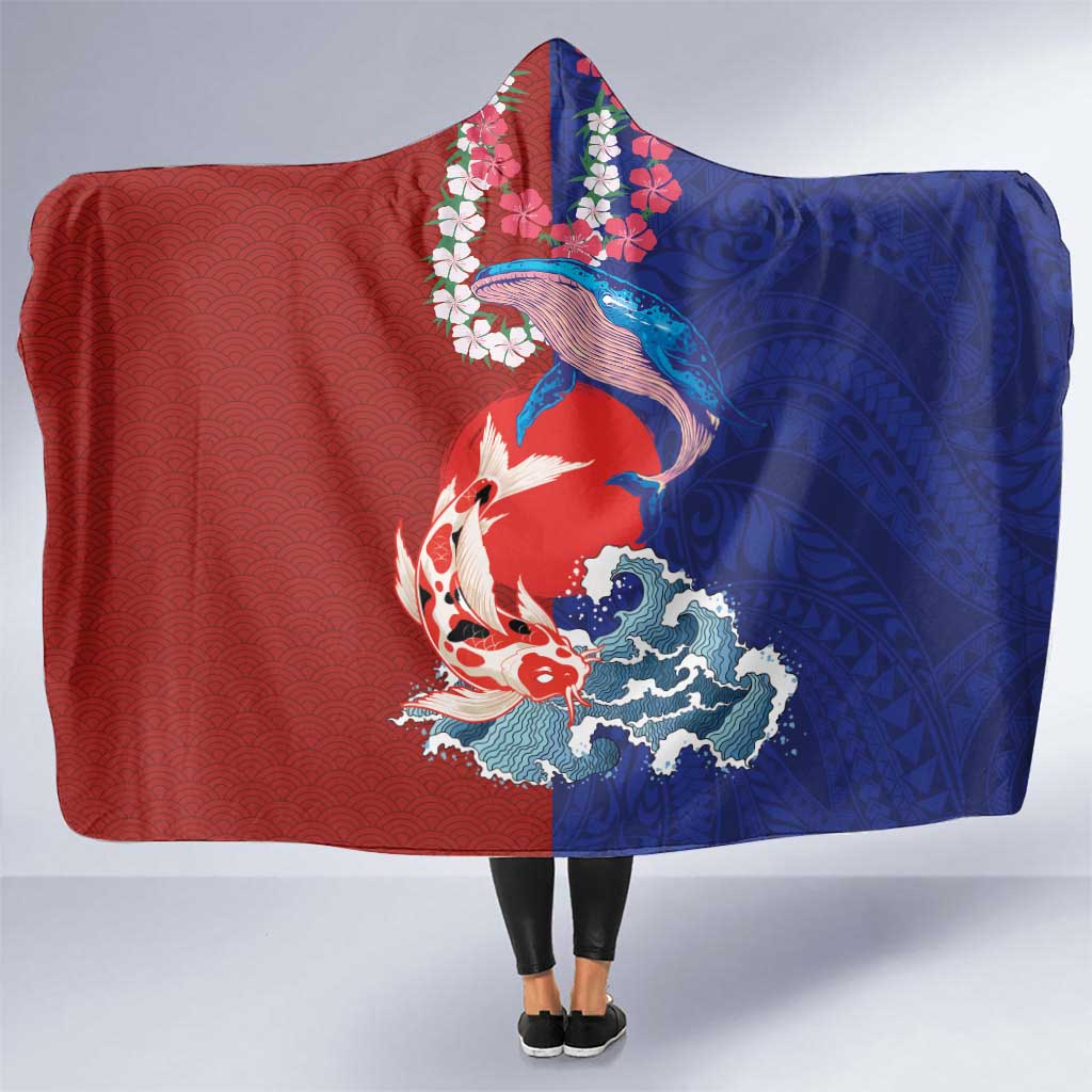 Hawaiian and Japanese Together Hooded Blanket The Whale and Koi Fish with Hinomaru and Lei LT03 One Size Blue - Polynesian Pride
