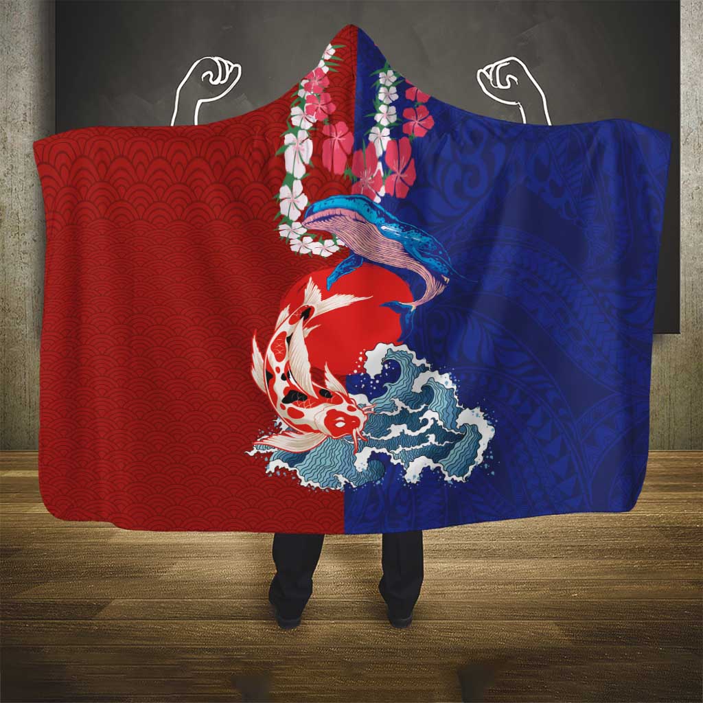 Hawaiian and Japanese Together Hooded Blanket The Whale and Koi Fish with Hinomaru and Lei LT03 - Polynesian Pride