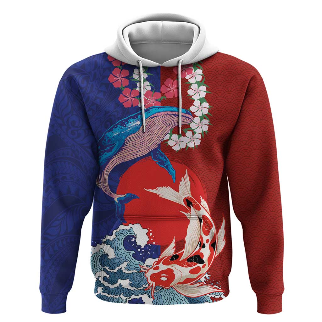 Hawaiian and Japanese Together Hoodie The Whale and Koi Fish with Hinomaru and Lei LT03 Pullover Hoodie Blue - Polynesian Pride