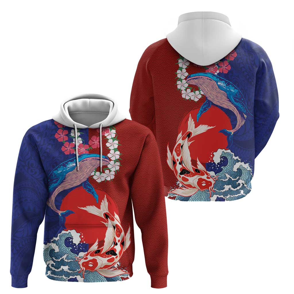 Hawaiian and Japanese Together Hoodie The Whale and Koi Fish with Hinomaru and Lei LT03 - Polynesian Pride
