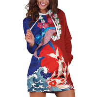 Hawaiian and Japanese Together Hoodie Dress The Whale and Koi Fish with Hinomaru and Lei LT03 Blue - Polynesian Pride
