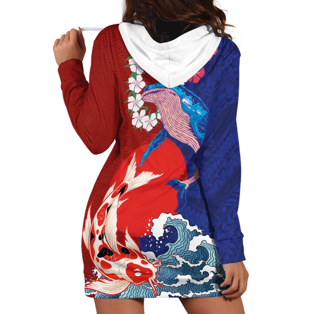 Hawaiian and Japanese Together Hoodie Dress The Whale and Koi Fish with Hinomaru and Lei LT03 - Polynesian Pride