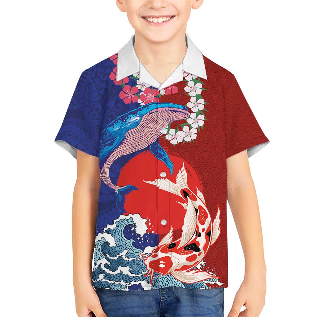 Hawaiian and Japanese Together Kid Hawaiian Shirt The Whale and Koi Fish with Hinomaru and Lei LT03 Kid Blue - Polynesian Pride