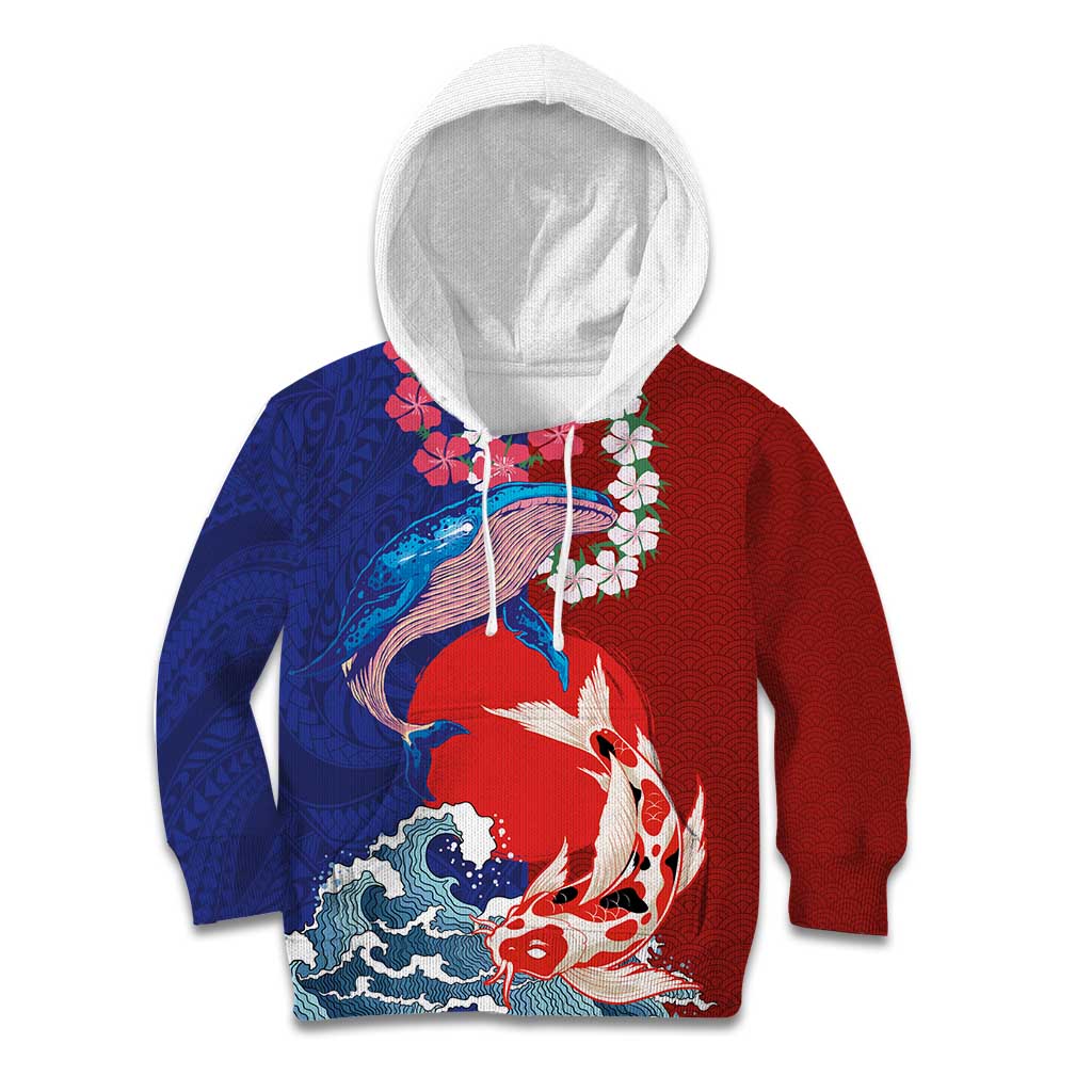 Hawaiian and Japanese Together Kid Hoodie The Whale and Koi Fish with Hinomaru and Lei LT03 Hoodie Blue - Polynesian Pride