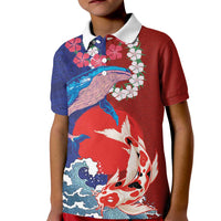 Hawaiian and Japanese Together Kid Polo Shirt The Whale and Koi Fish with Hinomaru and Lei LT03 Kid Blue - Polynesian Pride