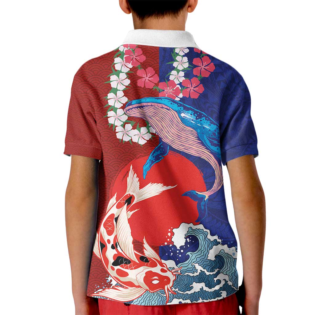 Hawaiian and Japanese Together Kid Polo Shirt The Whale and Koi Fish with Hinomaru and Lei LT03 - Polynesian Pride