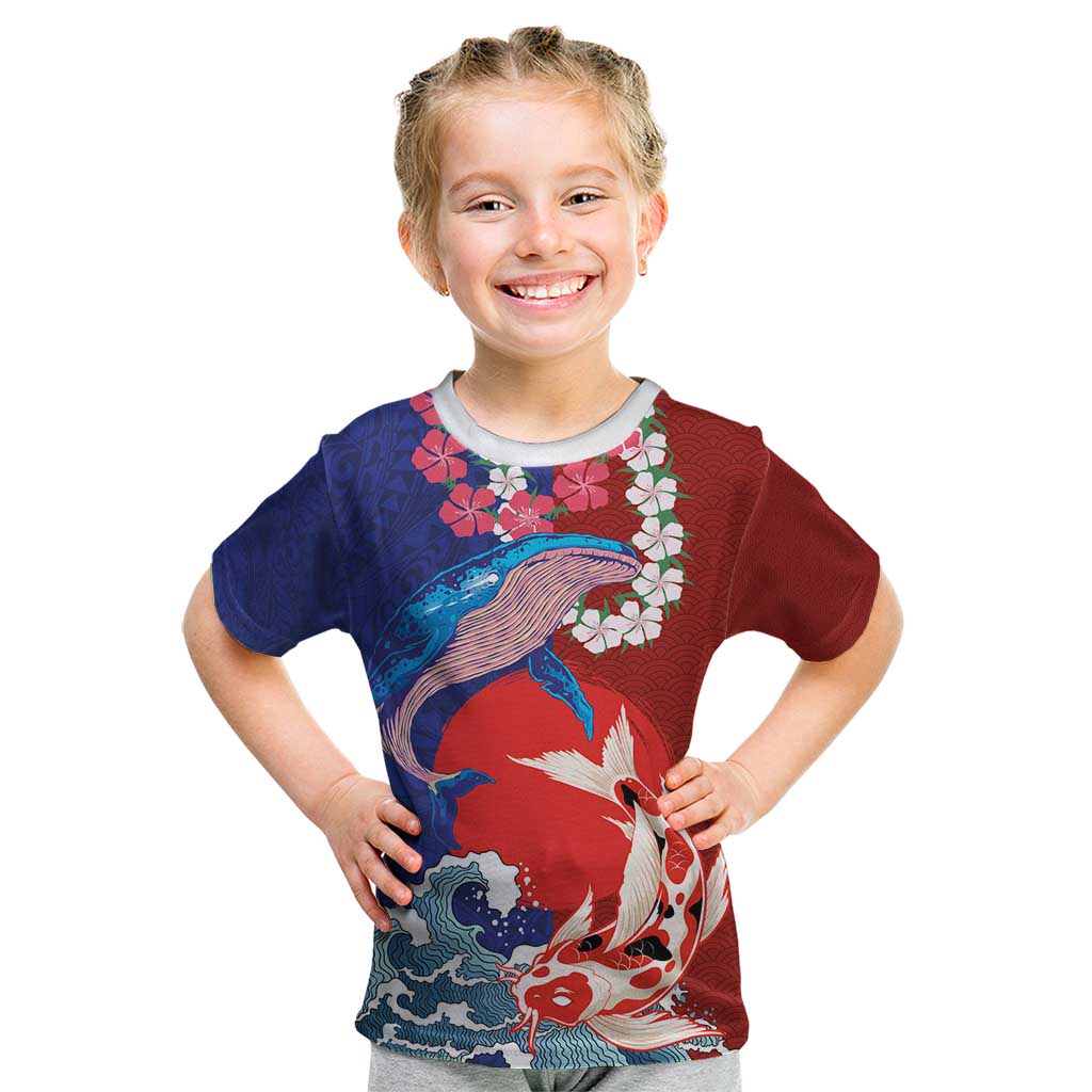 Hawaiian and Japanese Together Kid T Shirt The Whale and Koi Fish with Hinomaru and Lei LT03 Blue - Polynesian Pride