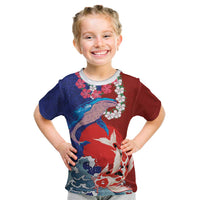 Hawaiian and Japanese Together Kid T Shirt The Whale and Koi Fish with Hinomaru and Lei LT03 Blue - Polynesian Pride