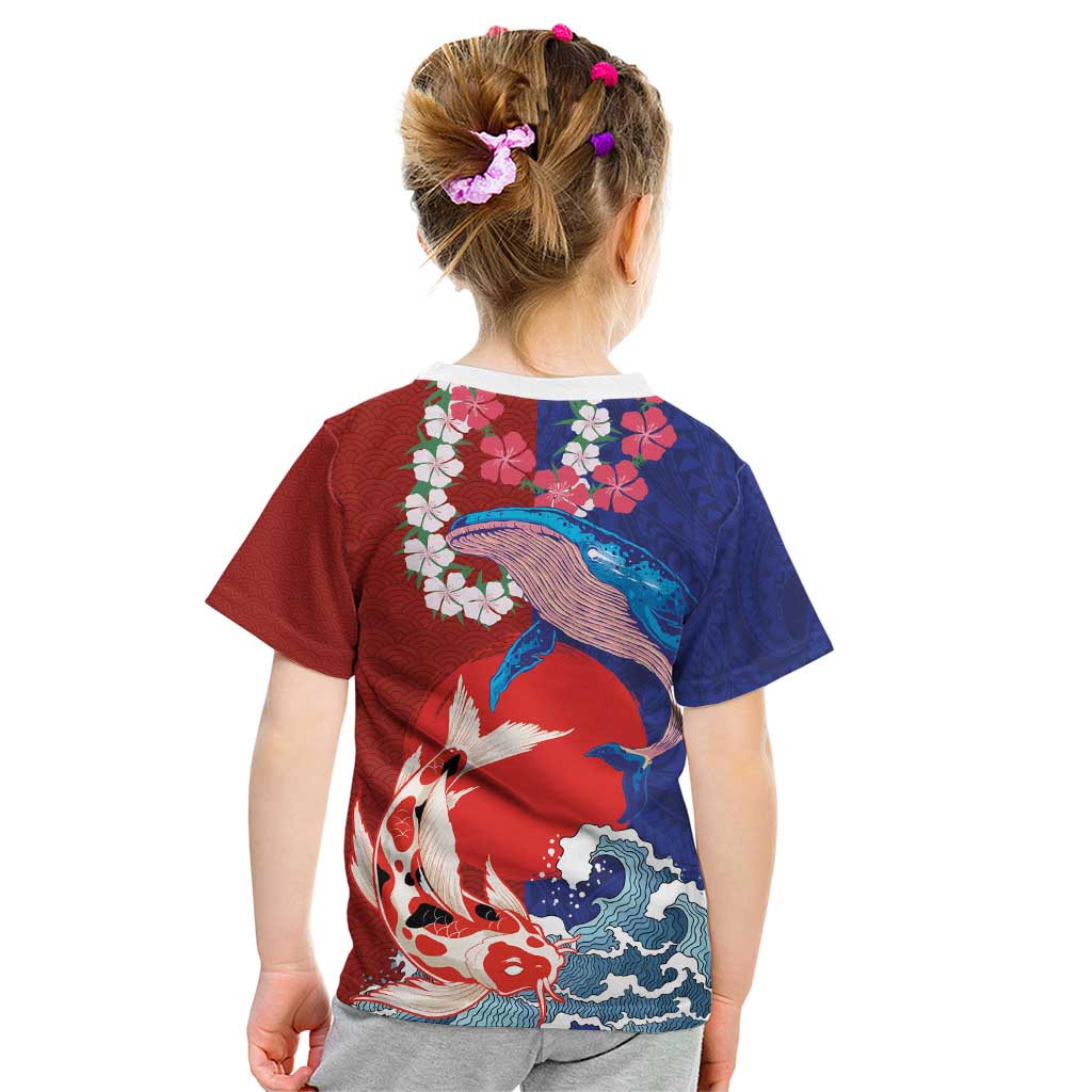Hawaiian and Japanese Together Kid T Shirt The Whale and Koi Fish with Hinomaru and Lei LT03 - Polynesian Pride