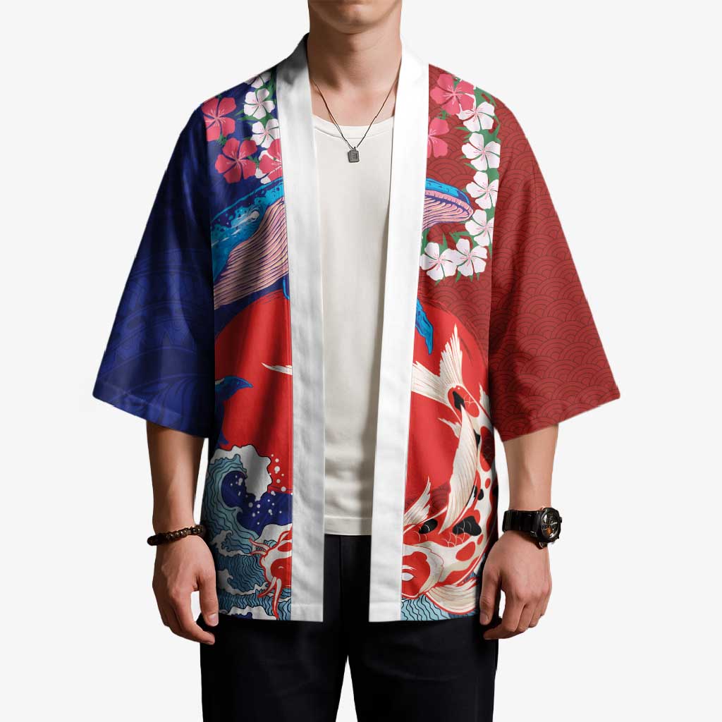 Hawaiian and Japanese Together Kimono The Whale and Koi Fish with Hinomaru and Lei LT03 - Polynesian Pride