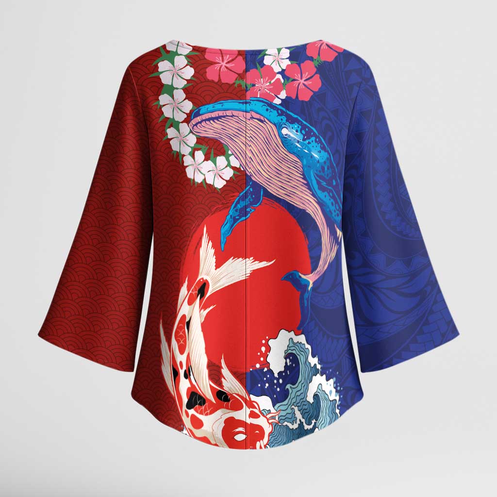 Hawaiian and Japanese Together Kimono Sleeve Blouse The Whale and Koi Fish with Hinomaru and Lei LT03 - Polynesian Pride