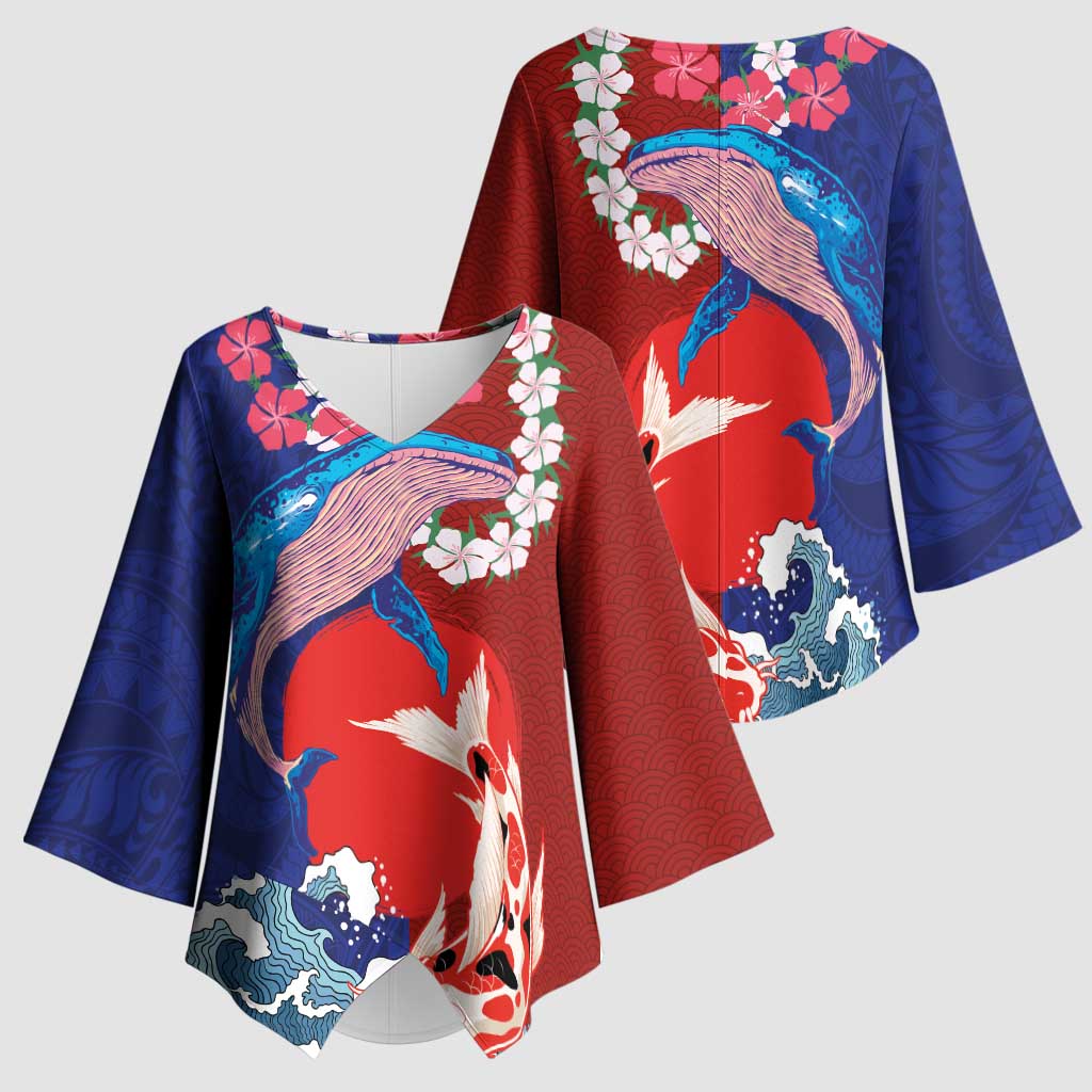 Hawaiian and Japanese Together Kimono Sleeve Blouse The Whale and Koi Fish with Hinomaru and Lei LT03 - Polynesian Pride