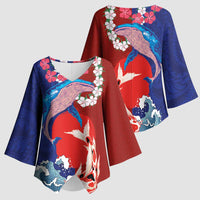 Hawaiian and Japanese Together Kimono Sleeve Blouse The Whale and Koi Fish with Hinomaru and Lei LT03 - Polynesian Pride