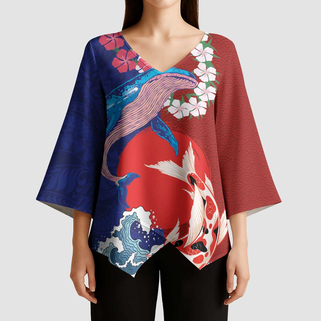 Hawaiian and Japanese Together Kimono Sleeve Blouse The Whale and Koi Fish with Hinomaru and Lei LT03 - Polynesian Pride