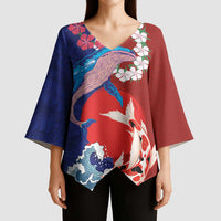 Hawaiian and Japanese Together Kimono Sleeve Blouse The Whale and Koi Fish with Hinomaru and Lei LT03 - Polynesian Pride