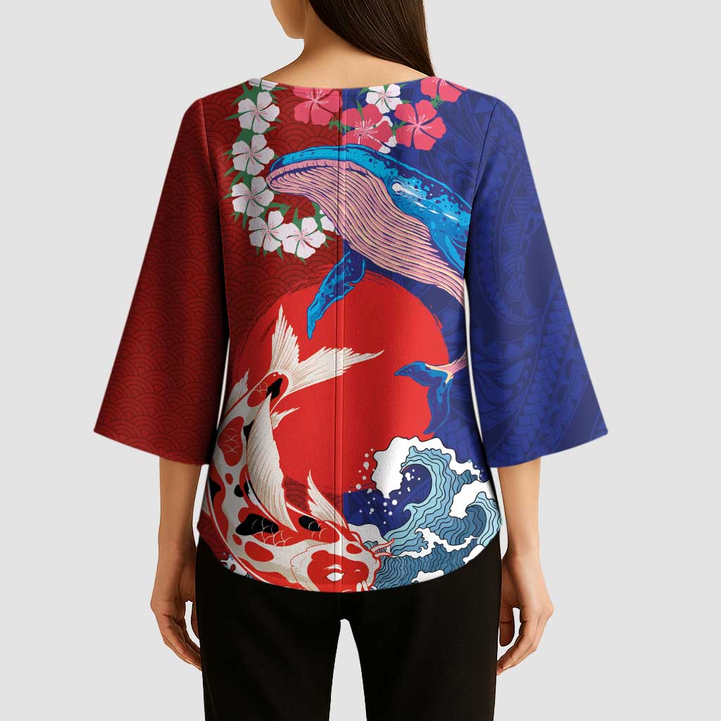 Hawaiian and Japanese Together Kimono Sleeve Blouse The Whale and Koi Fish with Hinomaru and Lei LT03 - Polynesian Pride