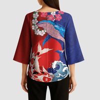 Hawaiian and Japanese Together Kimono Sleeve Blouse The Whale and Koi Fish with Hinomaru and Lei LT03 - Polynesian Pride