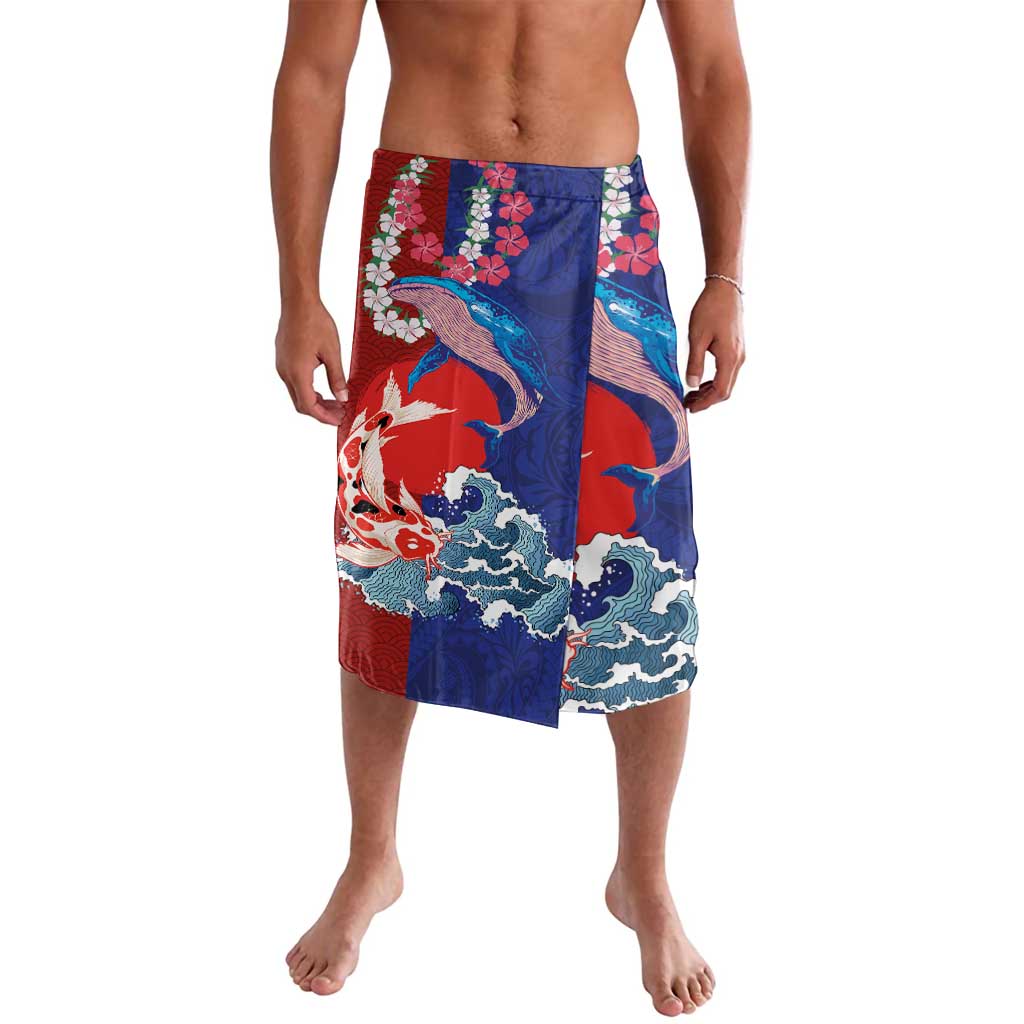 Hawaiian and Japanese Together Lavalava The Whale and Koi Fish with Hinomaru and Lei LT03 Blue - Polynesian Pride