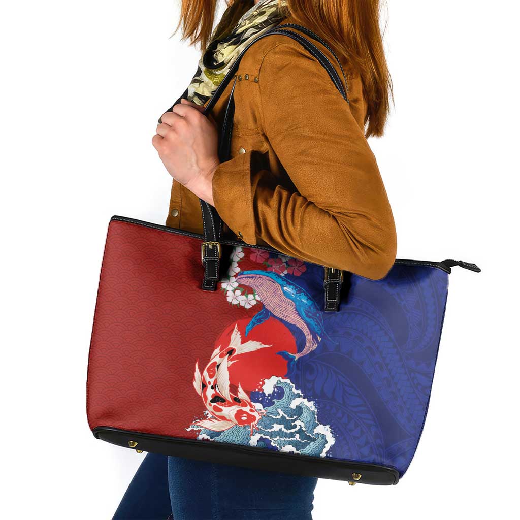 Hawaiian and Japanese Together Leather Tote Bag The Whale and Koi Fish with Hinomaru and Lei LT03 Blue - Polynesian Pride