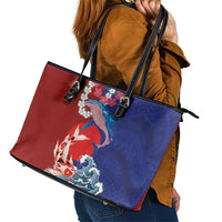 Hawaiian and Japanese Together Leather Tote Bag The Whale and Koi Fish with Hinomaru and Lei LT03 - Polynesian Pride