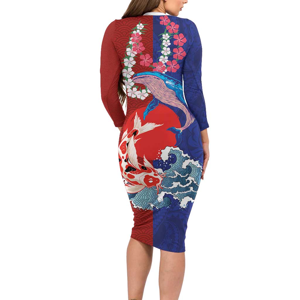 Hawaiian and Japanese Together Long Sleeve Bodycon Dress The Whale and Koi Fish with Hinomaru and Lei LT03 - Polynesian Pride