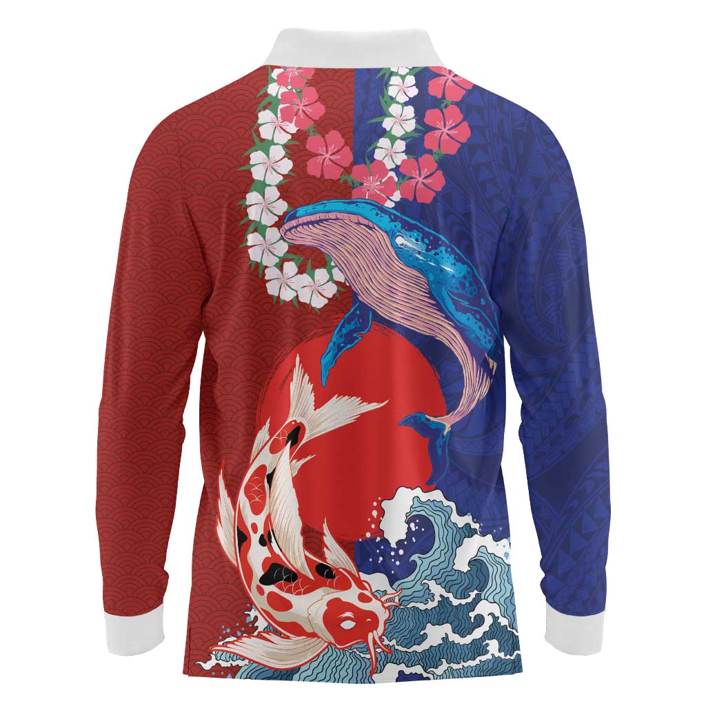 Hawaiian and Japanese Together Long Sleeve Polo Shirt The Whale and Koi Fish with Hinomaru and Lei LT03 - Polynesian Pride