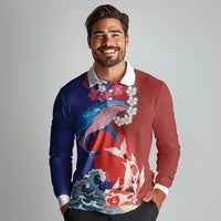 Hawaiian and Japanese Together Long Sleeve Polo Shirt The Whale and Koi Fish with Hinomaru and Lei LT03 - Polynesian Pride