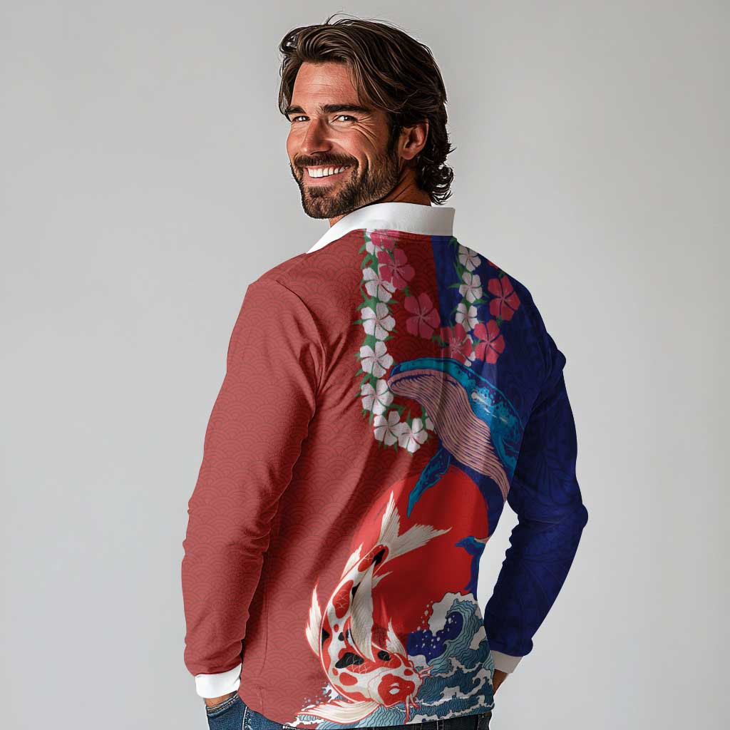 Hawaiian and Japanese Together Long Sleeve Polo Shirt The Whale and Koi Fish with Hinomaru and Lei LT03 - Polynesian Pride