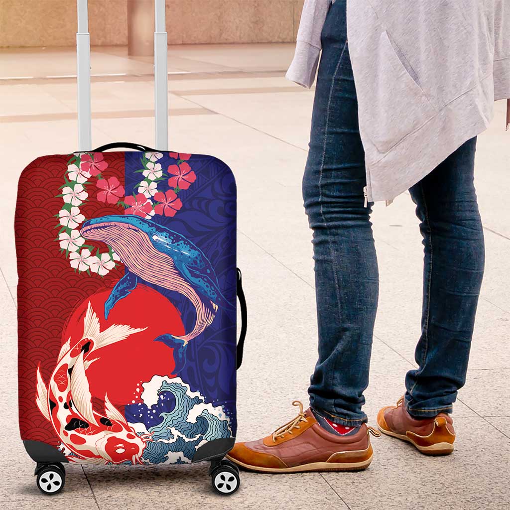 Hawaiian and Japanese Together Luggage Cover The Whale and Koi Fish with Hinomaru and Lei LT03 Blue - Polynesian Pride