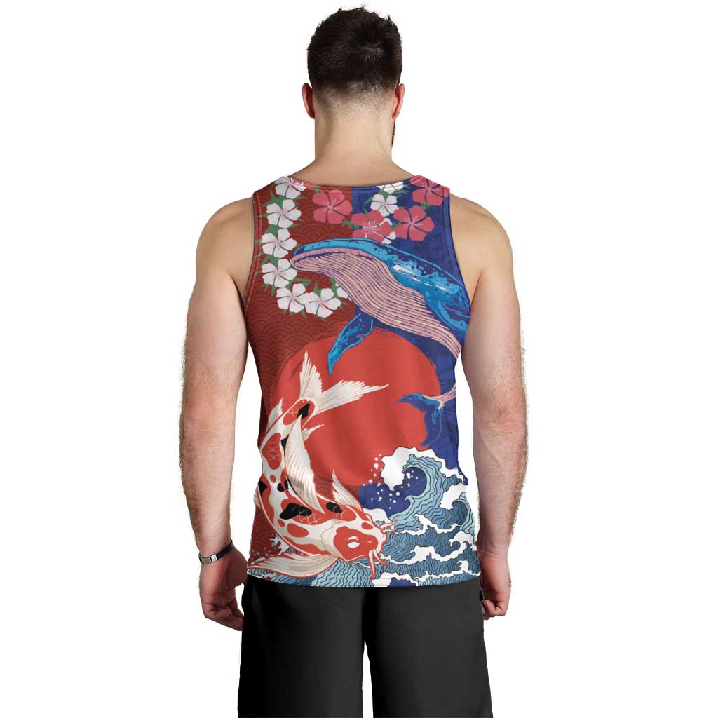 Hawaiian and Japanese Together Men Tank Top The Whale and Koi Fish with Hinomaru and Lei LT03 - Polynesian Pride