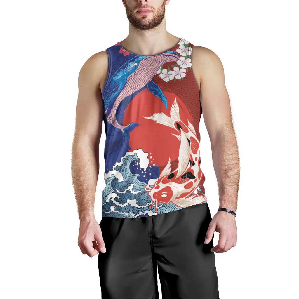 Hawaiian and Japanese Together Men Tank Top The Whale and Koi Fish with Hinomaru and Lei LT03 - Polynesian Pride