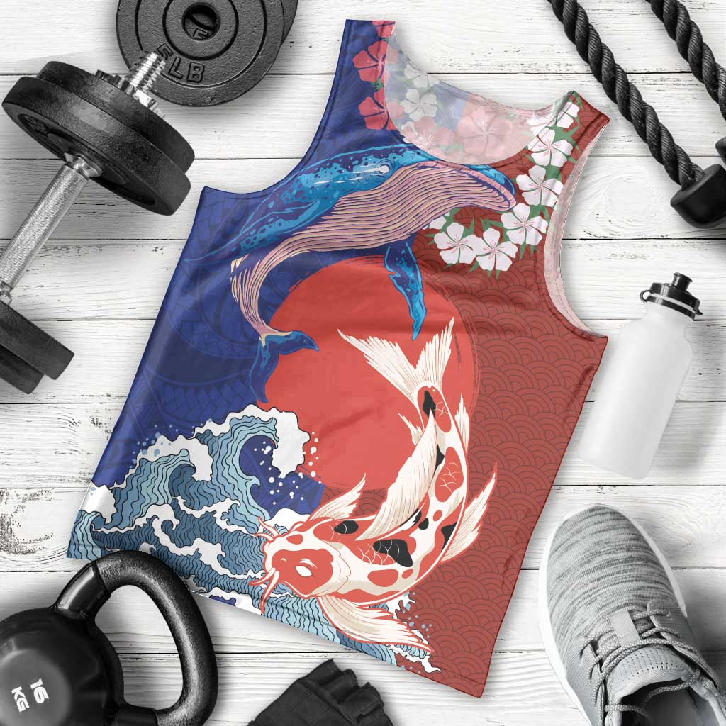 Hawaiian and Japanese Together Men Tank Top The Whale and Koi Fish with Hinomaru and Lei LT03 - Polynesian Pride