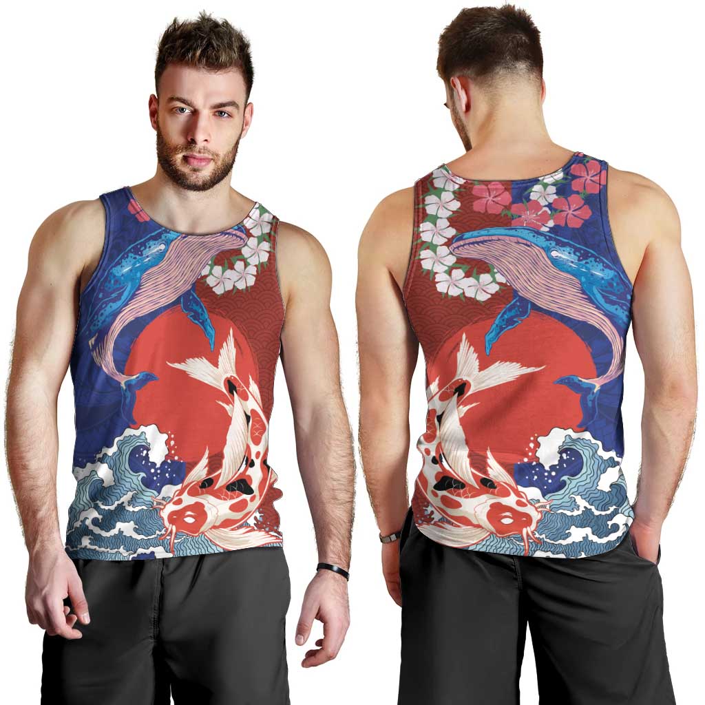 Hawaiian and Japanese Together Men Tank Top The Whale and Koi Fish with Hinomaru and Lei LT03 - Polynesian Pride