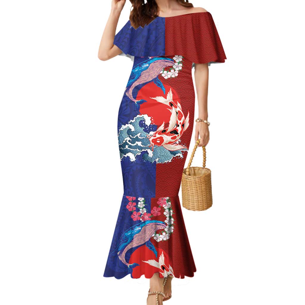 Hawaiian and Japanese Together Mermaid Dress The Whale and Koi Fish with Hinomaru and Lei LT03 Women Blue - Polynesian Pride