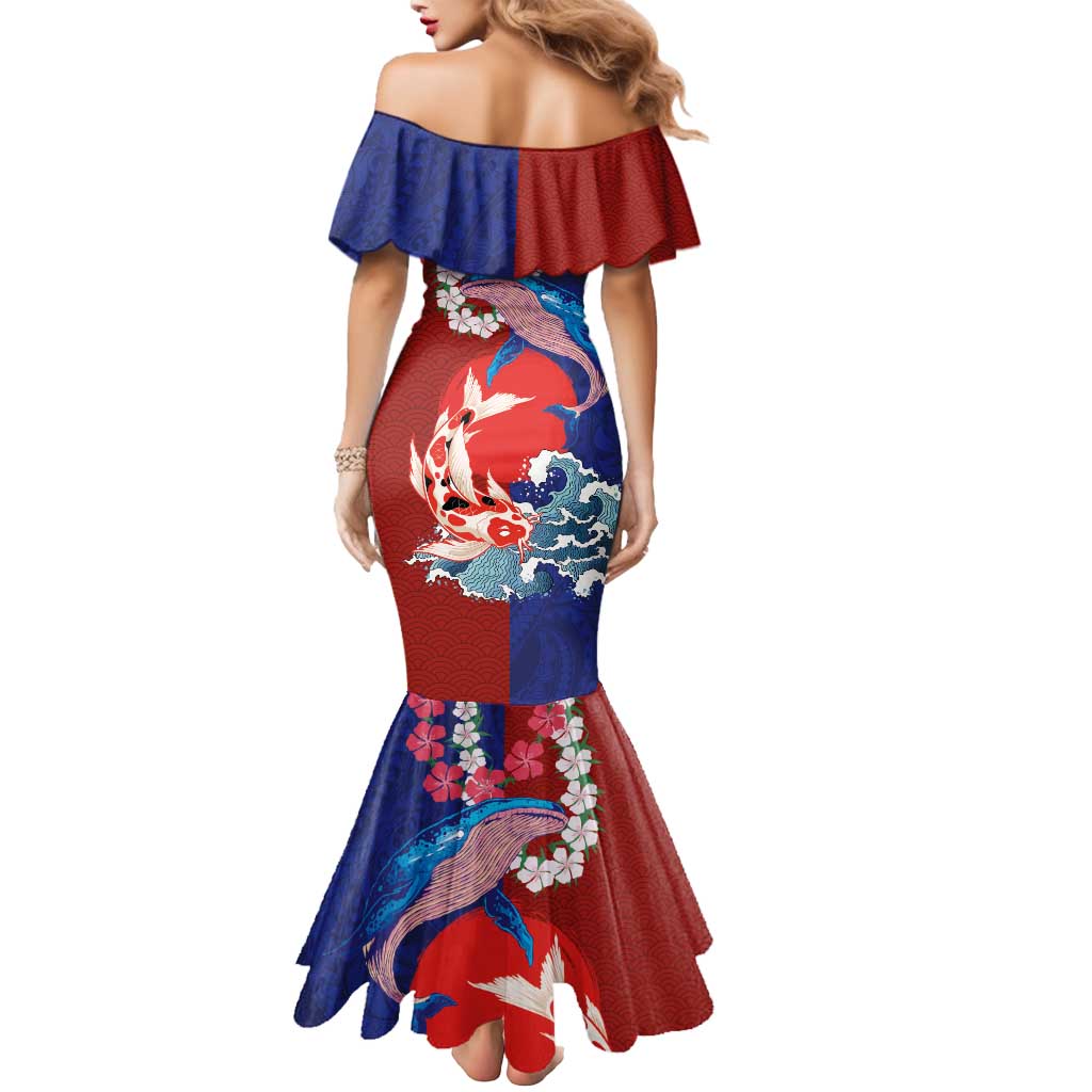 Hawaiian and Japanese Together Mermaid Dress The Whale and Koi Fish with Hinomaru and Lei LT03 - Polynesian Pride