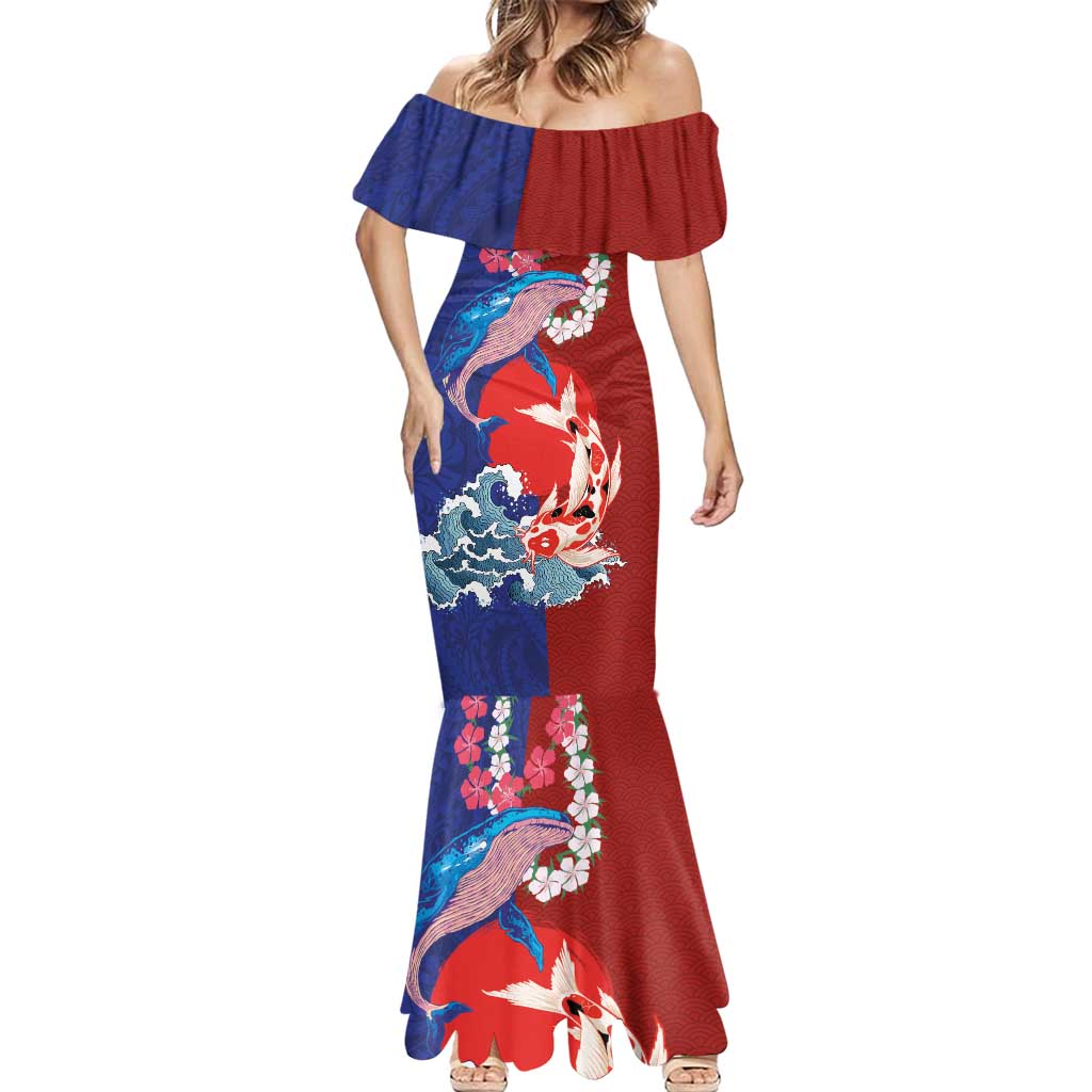 Hawaiian and Japanese Together Mermaid Dress The Whale and Koi Fish with Hinomaru and Lei LT03 - Polynesian Pride