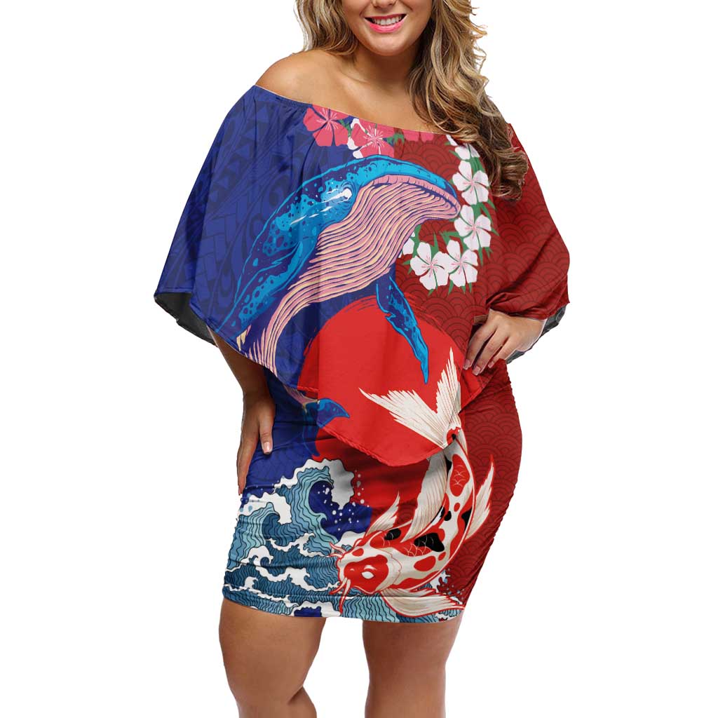Hawaiian and Japanese Together Off Shoulder Short Dress The Whale and Koi Fish with Hinomaru and Lei LT03 Women Blue - Polynesian Pride