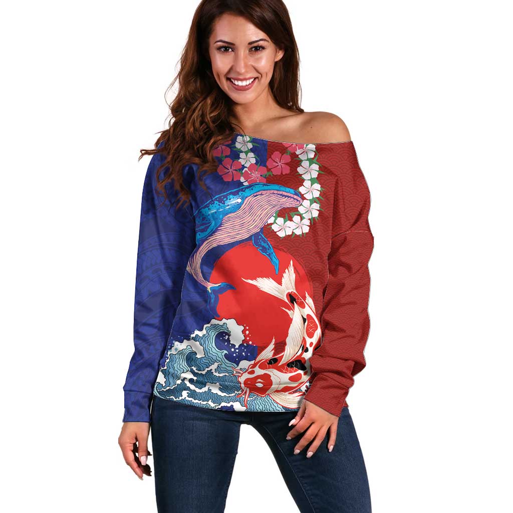 Hawaiian and Japanese Together Off Shoulder Sweater The Whale and Koi Fish with Hinomaru and Lei LT03 Women Blue - Polynesian Pride