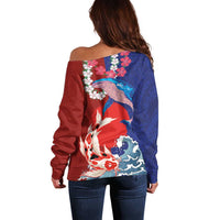 Hawaiian and Japanese Together Off Shoulder Sweater The Whale and Koi Fish with Hinomaru and Lei LT03 - Polynesian Pride