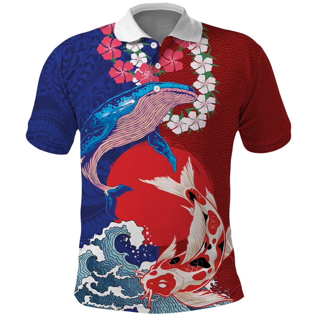 Hawaiian and Japanese Together Polo Shirt The Whale and Koi Fish with Hinomaru and Lei LT03 Blue - Polynesian Pride